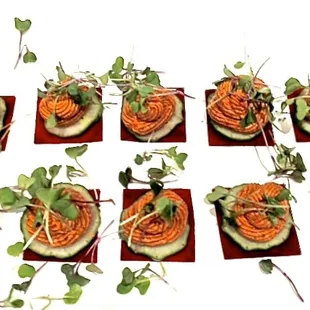 Sun-dried tomato cashew romesco cheese on raw beet bites with Persian cucumbers and micro-greens.