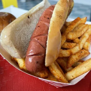 a hot dog and french fries