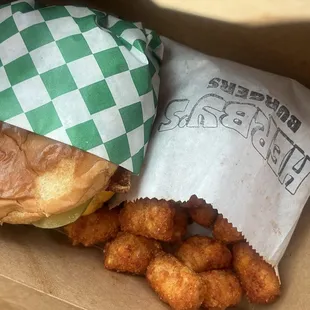 Herby smash with bacon , seasoned tater tots