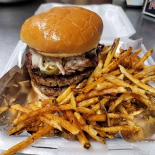 Zeus burger with fries