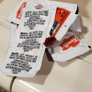 Glob of sticky packets of ketchup that were in our bag went straight into the trash!