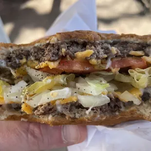 a hand holding a sandwich