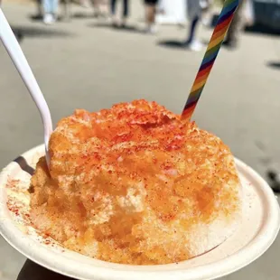 a plate of food with a fork sticking out of it