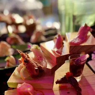 10. Sweet Shrimp*, 12. Toro*, 11. Salmon Belly*, Shrimp Sushi, oyster shooter