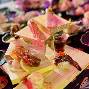 11. Salmon Belly*, 12. Toro*, 10. Sweet Shrimp*, oyster shooter, soy sauce shrimp