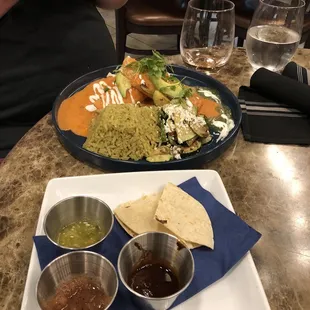 Crab Enchilada and the complimentary sauce and fresh made tortillas.