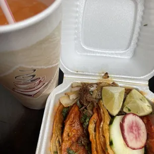 Birria tacos, cantaloupe angus Fresca