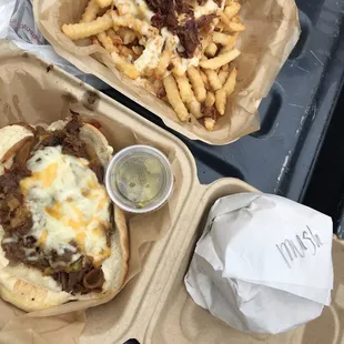 Bacon cheese fries, Beef Philly Cheesesteak and a Mushroom burger with Swiss.