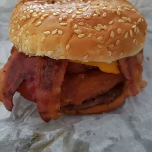 Cowboy Burger- bacon, onion rings, BBQ sauce, and jalapeno peppers