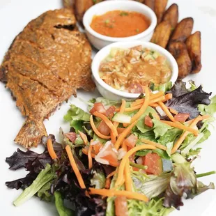 Grill Golden pompano with salad and plantains