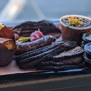 Tri-tip, brisket, poblano sausage, chili and cornbread