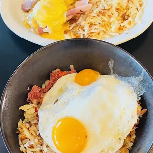 eggs and hash browns on a plate