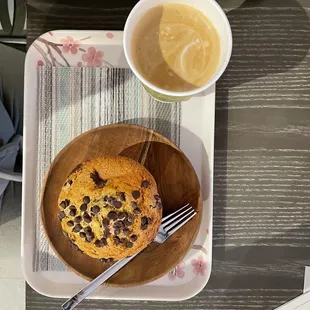 Chocolate chip muffin and latte