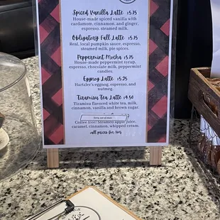 Speciality latte menu