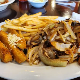 Salisbury Steak with French Fries and Fried Zucchini