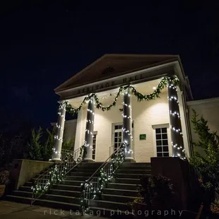 Christmas decorations on Heritage Hall.