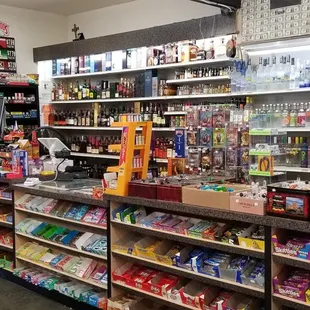 the shelves of a liquor shop
