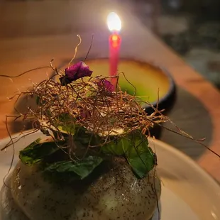Caramel Corn Pavlova... along with a birthday candle