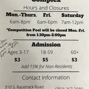 Hours and daily admission fees. Open swim is 6am to 9am; 2pm to 4pm