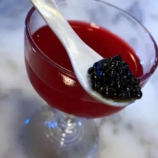 beet root vodka shot + caviar bump