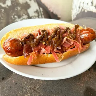Kielbasa with braised sauerkraut &amp; beets, &amp; beer mustard on a roll.