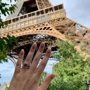 Unheated purple sapphire engagement ring and diamond wedding band