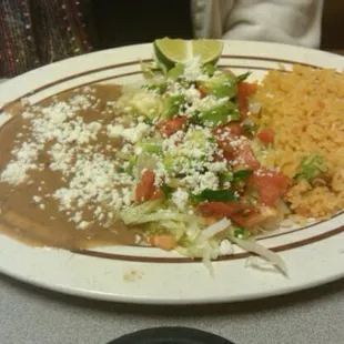 Rice, beans and salad.
