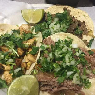Chicken, Pork and Beef tacos (Pollo, Carnitas, Carne Asada.)
