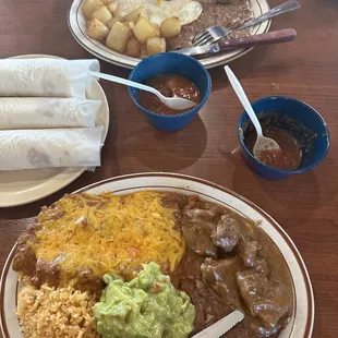 Enchiladas homemade tortillas potato's eggs beef and green chili