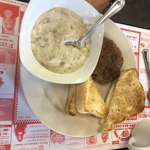 Sausage gravy, Italian Bread and side of sausage.