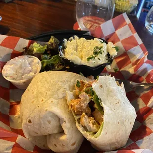 Buffalo chic wrap. Very good. Potato salad was great also.