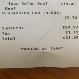 a receipt for a pizza