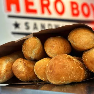 a bag of bread rolls