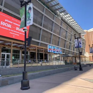 a large building with a sign on it