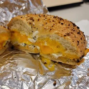 Egg &amp; cheese on everything bagel with chive cream cheese. So good!