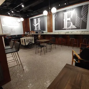 tables and chairs in a coffee shop