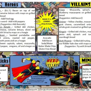 Menu: Our options rotate, but here are some regular characters. We have an inclusive menu that offers options for dietary concerns.