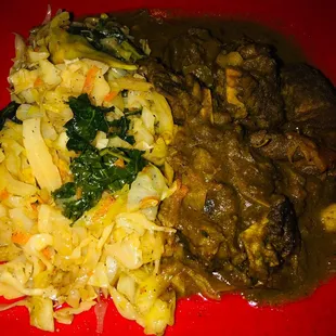Double cabbage and curry goat