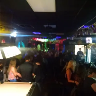 a group of people playing pool in a bar