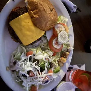 Cheeseburger with side salad