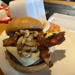 Bacon, mushroom, swiss burger