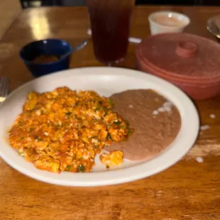 Chorizo Con Huevo with chopped jalepenos    Charro Beans. Tortilla Mais