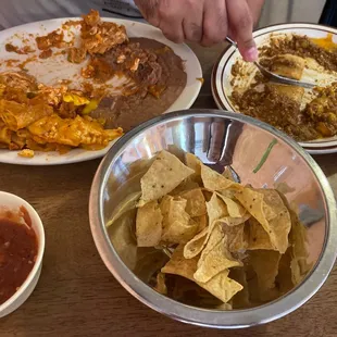 Chilaquiles and beef enchiladas