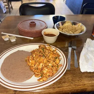 Chorizo Con Huevo with chopped jalepenos. And their great tasting Charro Beans