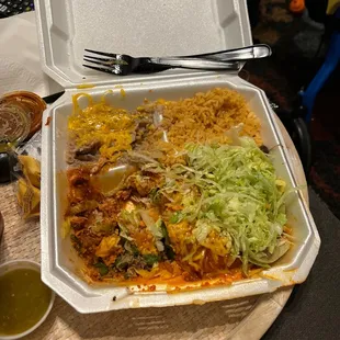 1 chicken, 1shredded beef enchilada with rice and beans