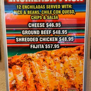 New enchilada pack! Comes with a dozen enchiladas, rice, beans and a large queso or chips &amp; salsa!