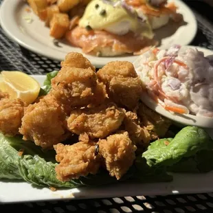 Perfectly cooked grouper bites with a side of coleslaw