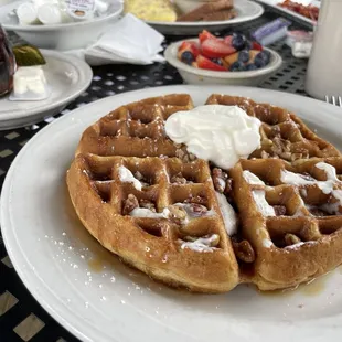 Sweet potato waffle coffee and fruit.
