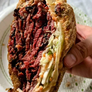 Cross section of Hershel &apos;s Pastrami sandwich. Absolutely delicious!