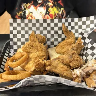 Wings and onion rings.